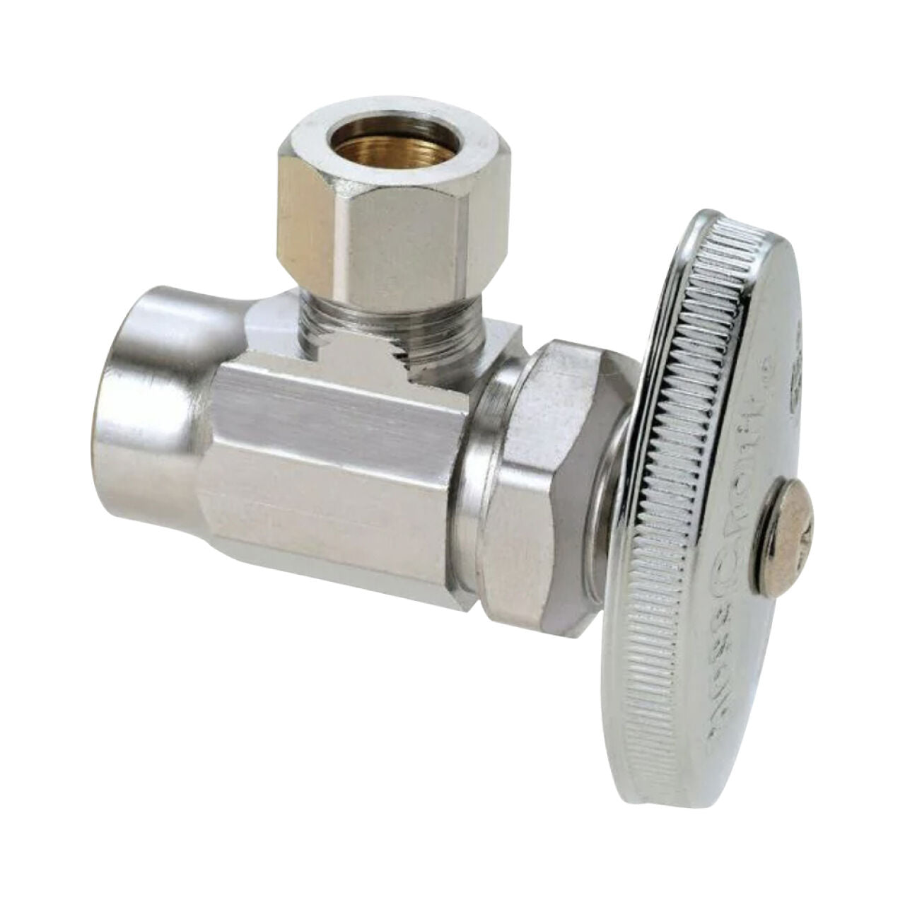 A close-up of the Go Build 1/2 in. Sweat Inlet x 3/8 in. Compression Outlet Chrome-Plated Multi-Turn Angle Valve, designed for precise water flow control in plumbing systems.